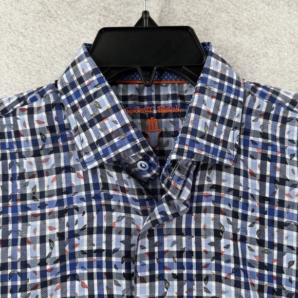 Luchiano Visconti Black Mens Shirt‎ MEDIUM Blue Plaid Geometric Button Up - Picture 6 of 15